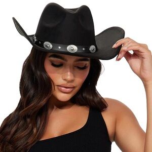 Women’s Classic Fedora Cowboy Hat in Black with Silver Buckle Belt | NEW